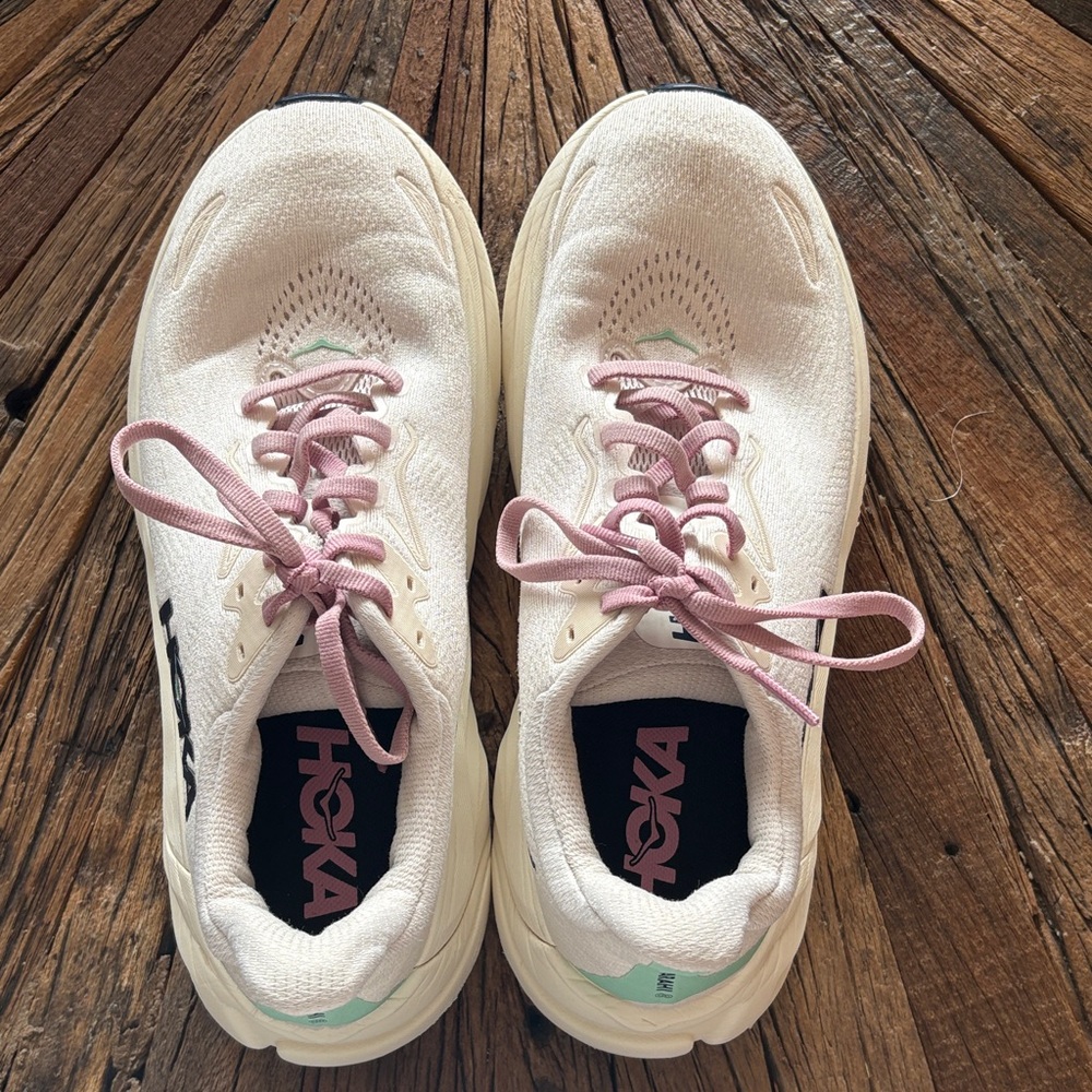 Hoka Cream and Pink Athletic Shoes
